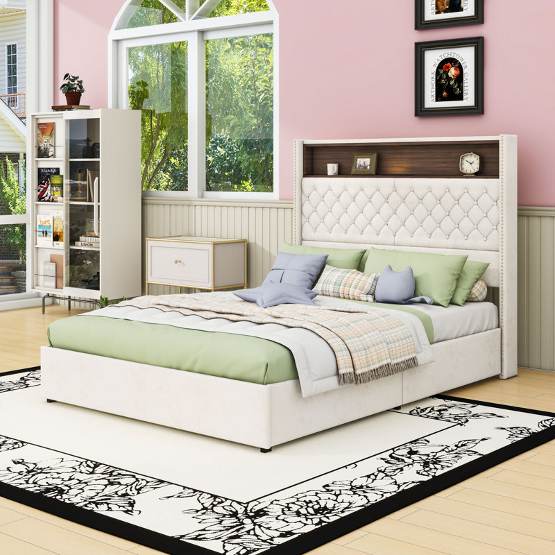 Lit plateforme tapissier avec veilleuse, port USB et tête de lit, Beige, Complète