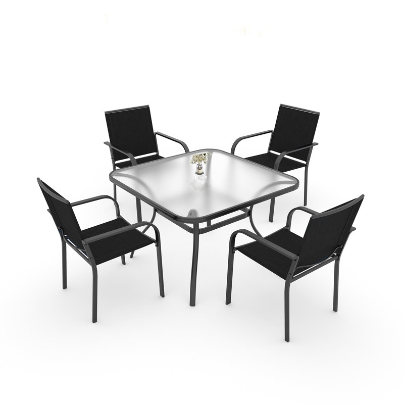 4 - Person Patio Dining Set With Tempered Glass Table, Black