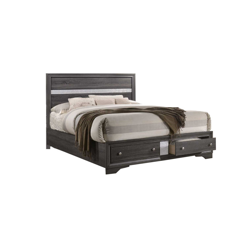 Lit plateforme avec rangement en bois massif Ashlock, Grand lit, Gris