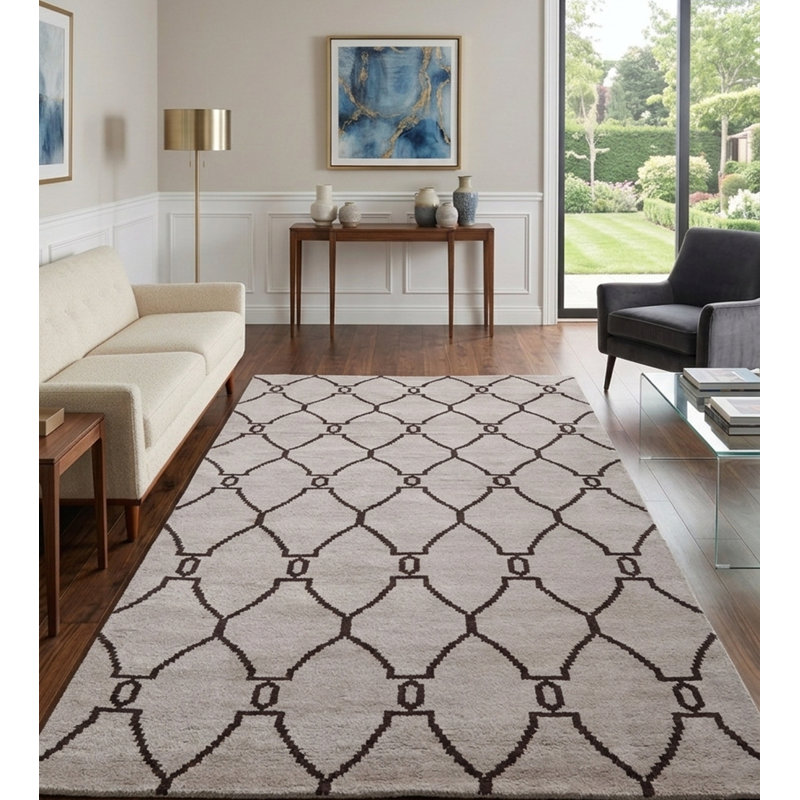 Tapis d'intérieur rectangulaire en laine beige et marron, fait main, à motifs géométriques et noué à la main