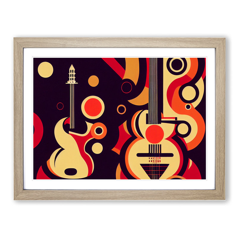Art Deco Guitar - Single Picture Frame Print, 46cm H x 64cm W x 2cm D, Oak Framed