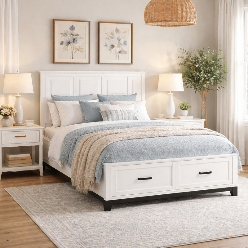 Lit plateforme blanc avec tiroirs et lattes, Grand lit