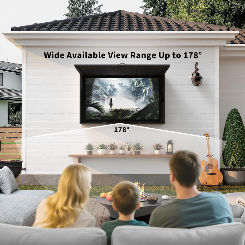 Meuble télé 55 po, boîtier en bois massif résistant aux intempéries avec support réglable 4D, porte pliante et housse anti-poussière - Convient aux téléviseurs de 44 à 55 po pour patio, terrasse ou cour arrière