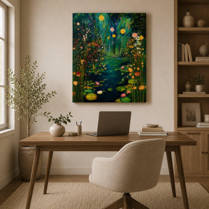 Art mural sur toile Lantern Meadow Waterway | Floral, botanique, nature, impression sur toile pour le décor de chambre à coucher de salon