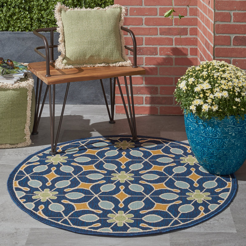 Palermo Geometric Navy/Blue/Gold Indoor/Outdoor Area Rug, Round 4'
