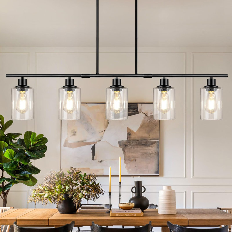 Lustre de style campagnard linéaire pour salle à manger, luminaire suspendu pour îlot de cuisine 5 lumières avec abat-jour en verre transparent, luminaire suspendu noir mat à hauteur réglable
