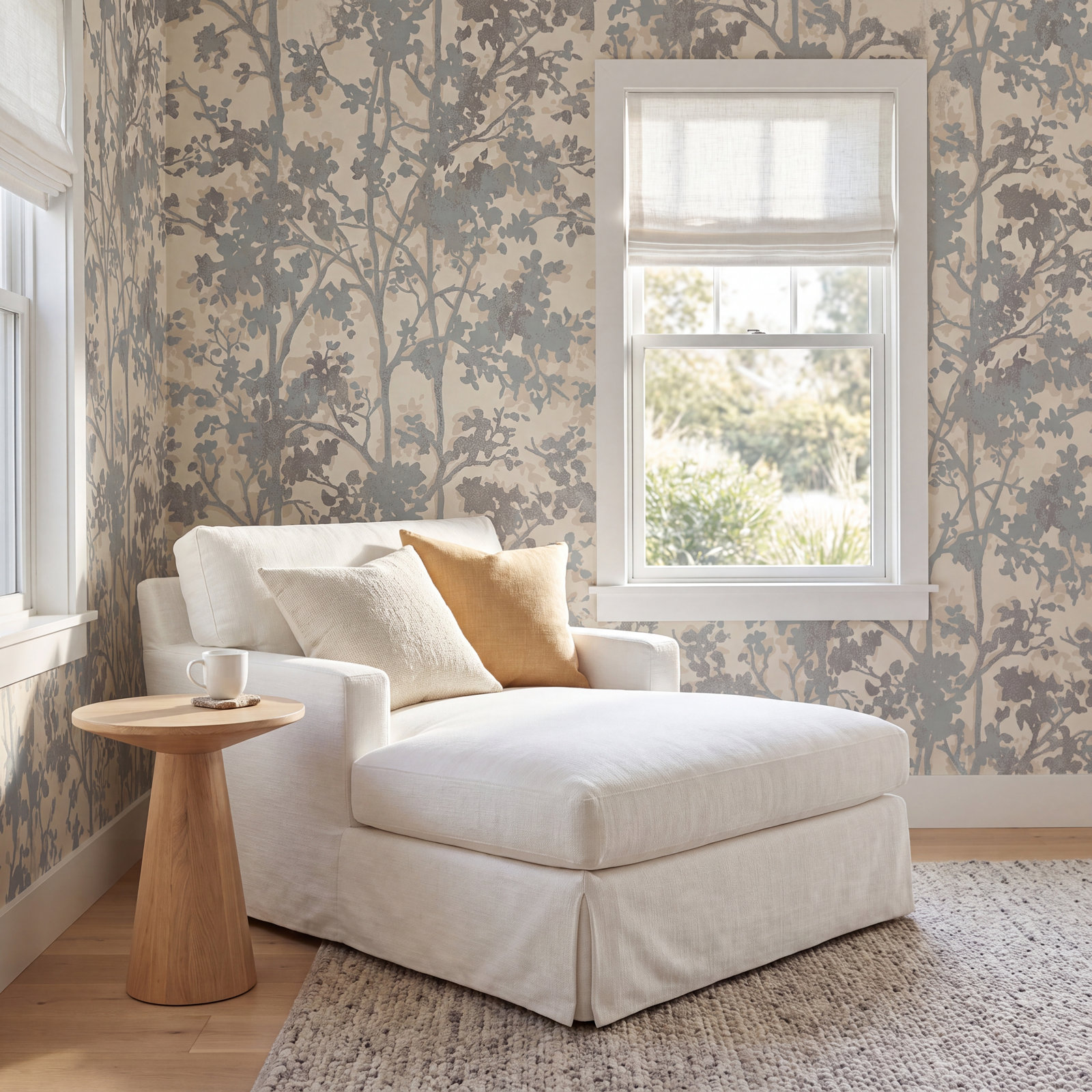 Modern Floral Wallpaper, Cream/Silver