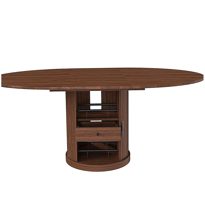 Table de salle à manger extensible 59 po 59 po avec rangement à 2 niveaux pour 4 à 6 personnes, table de cuisine extensible de couleur brun noyer, panneau de fibres à densité moyenne avec finition noyer et base piédestal
