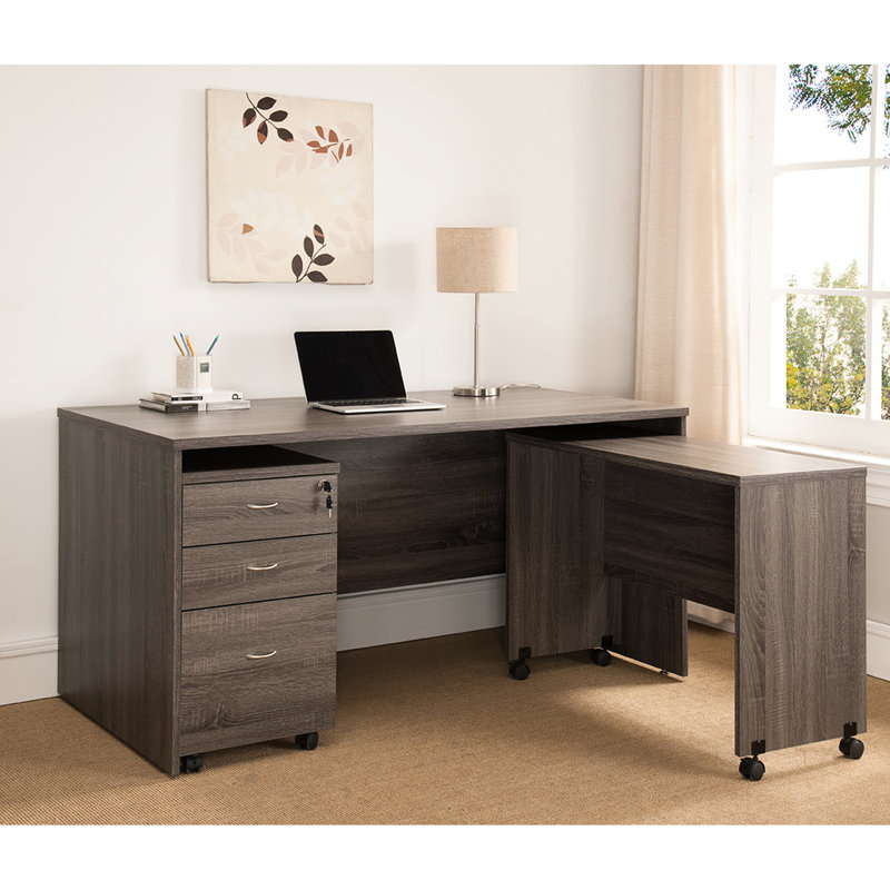 Bureau de travail en bois gris patiné pour bureau à domicile - à quatre roues avec écran d'intimité mobile à quatre roues et plaque de recouvrement arrière