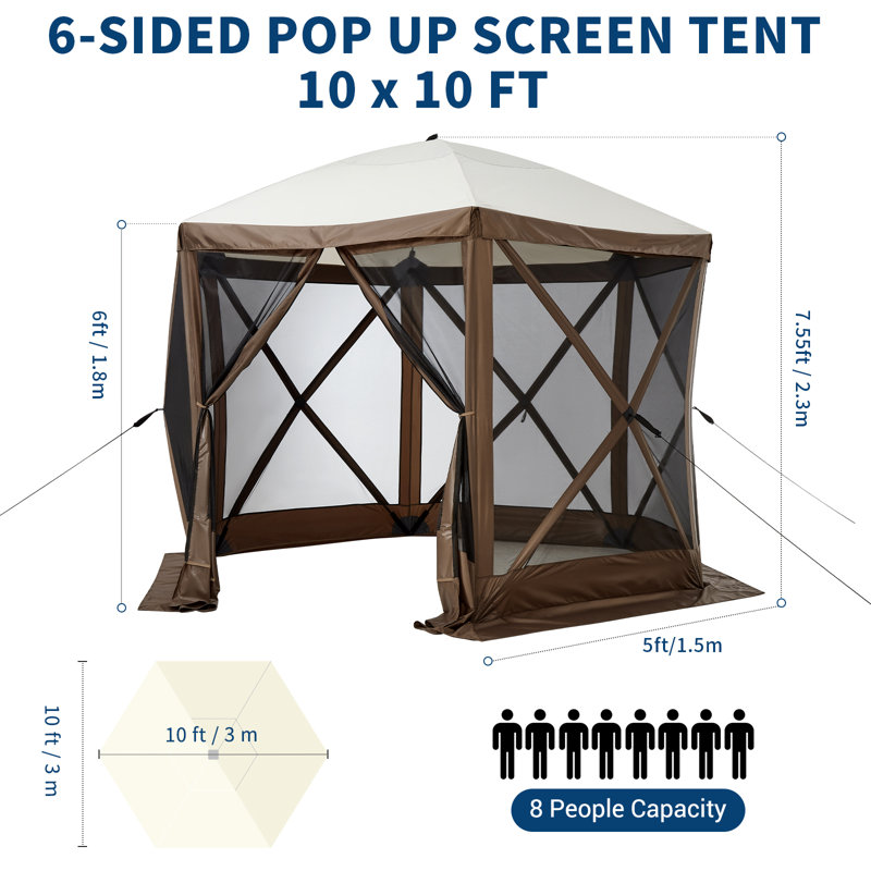 6-Sided Pop-Up Gazebo Tent 10x10FT with Mosquito Netting, Waterproof UV Protection Canopy Shelter, Quick Outdoor Screen House for Camping, Backyard, Lawn, Beach, Parties - Brown, 10x10FT, 7.5FT Height