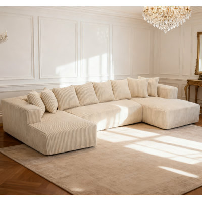NEW ARRIVED VIDEO - BACKED 133.45" U - Shaped Modular Couch, Chaise Lounge, Striped Fabric, Upholstered 4 - Seater