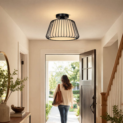 Modern Industrial Semi Flush Mount Ceiling Light with Black Metal Cage, White Fabric Shade and 3 Color LED Bulb for Bedroom, Hallway and Entryway