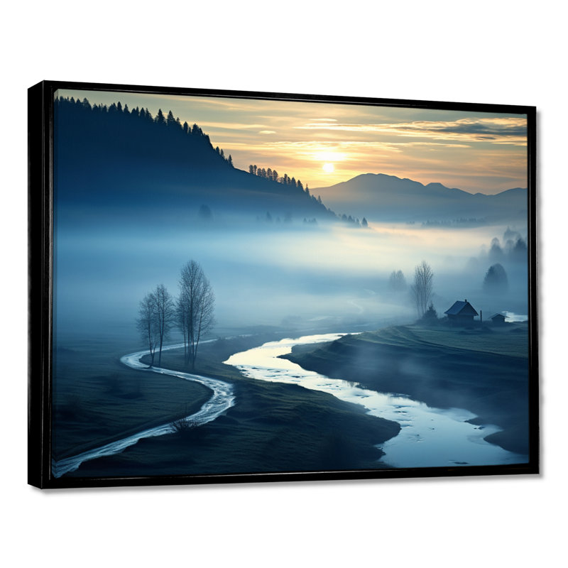 Brume matinale au-dessus de Forest River - rivière Mountain, art mural, Cadre flottant noir, bois massif, H 34 po x l 44 po