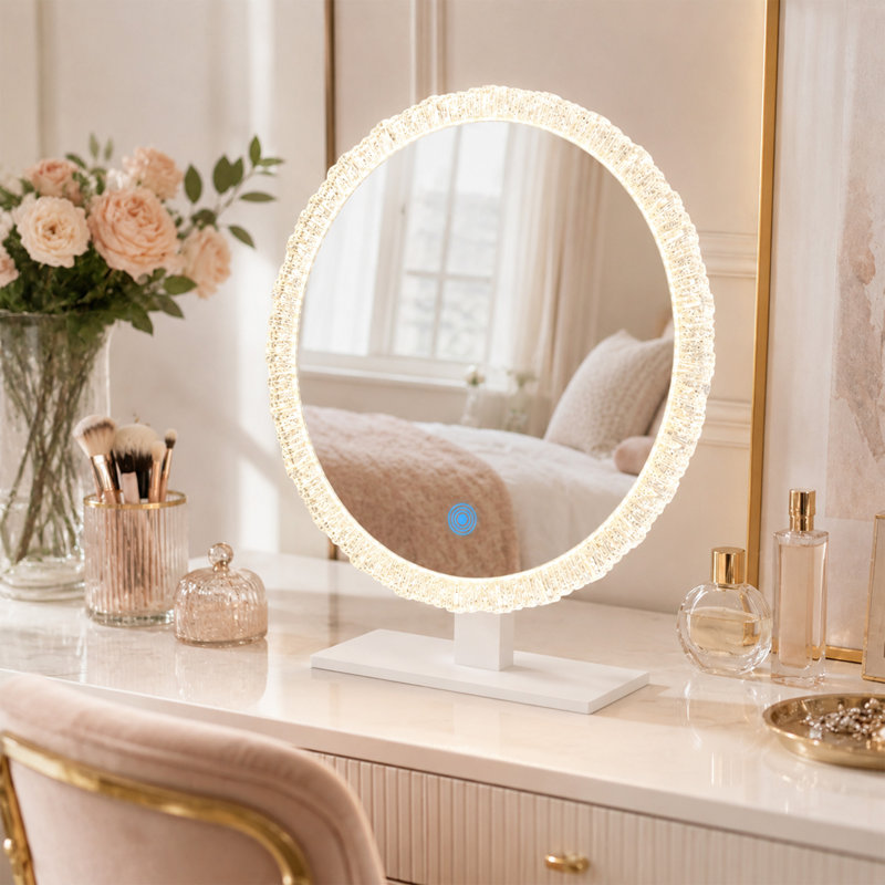 Miroir de maquillage blanc à bord en cristal blanc à DEL avec 3 lumières à intensité variable réglable