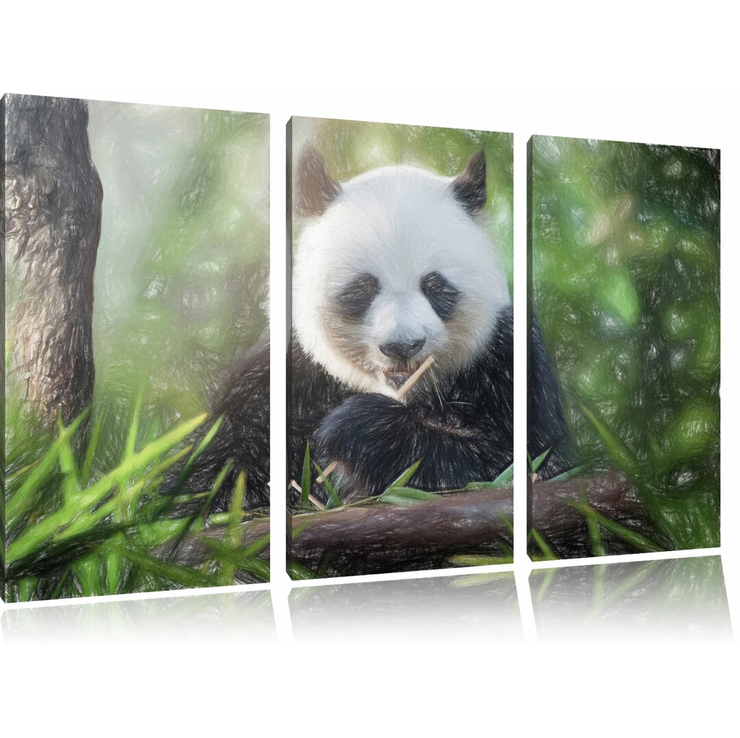 3-tlg. Leinwandbilder-Set „Niedlicher Panda isst Bambus“, Grafikdruck