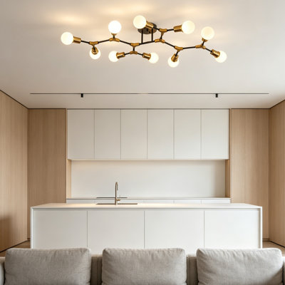 Modern Semi-Flush Mount Ceiling Light, Minimalist Black & Gold Sputnik Chandelier, Close-To-Ceiling Lighting Fixture For Living Room, Bedroom, Dining Room, Kitchen, Hallway & Office