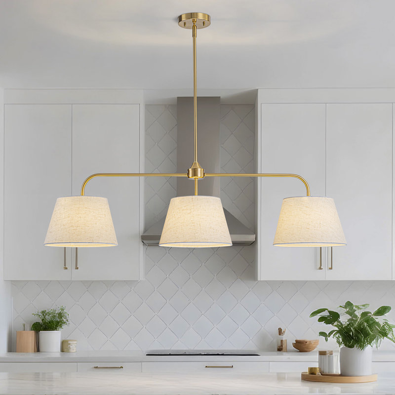 3-light Modern Linear Linen Drum Pendant, Gold