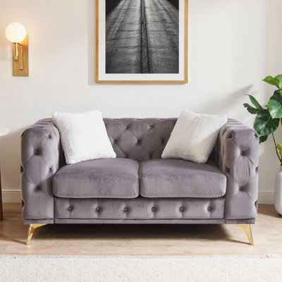 61" Velvet Chesterfield Sofa – Deep Button Tufting, Diamond Quilting, Metal Legs, 2 Color-Block Pillows, 500 lb, Apartment-Sized Glam