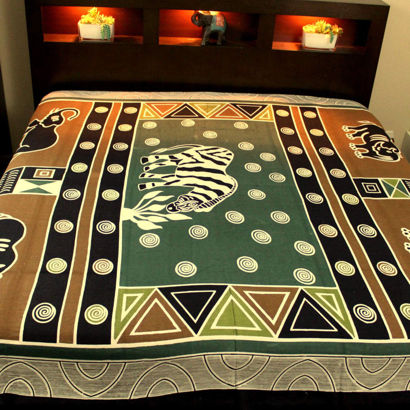Tapisserie à imprimé en coton animal africain, Vert olive, l 88 po x L 106 po