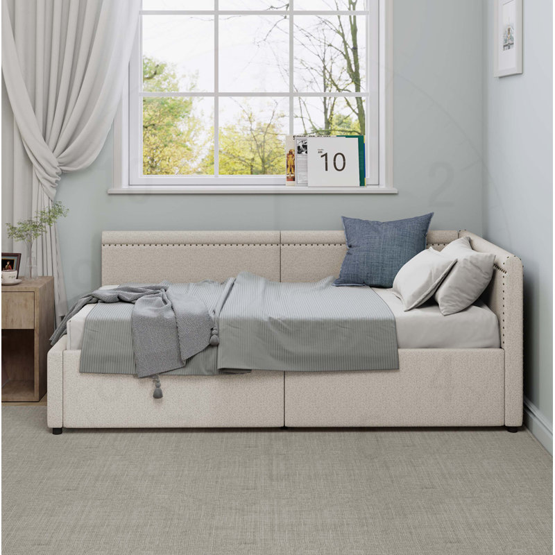 Modern Style Twin Size L Shape Corner Bed, Linen Upholstered Daybed with Two Storage Drawers, , Beige