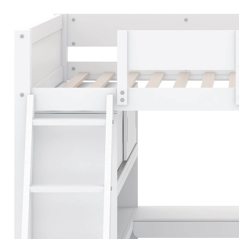 Lit mezzanine double en bois avec bureau et tablette, Blanc