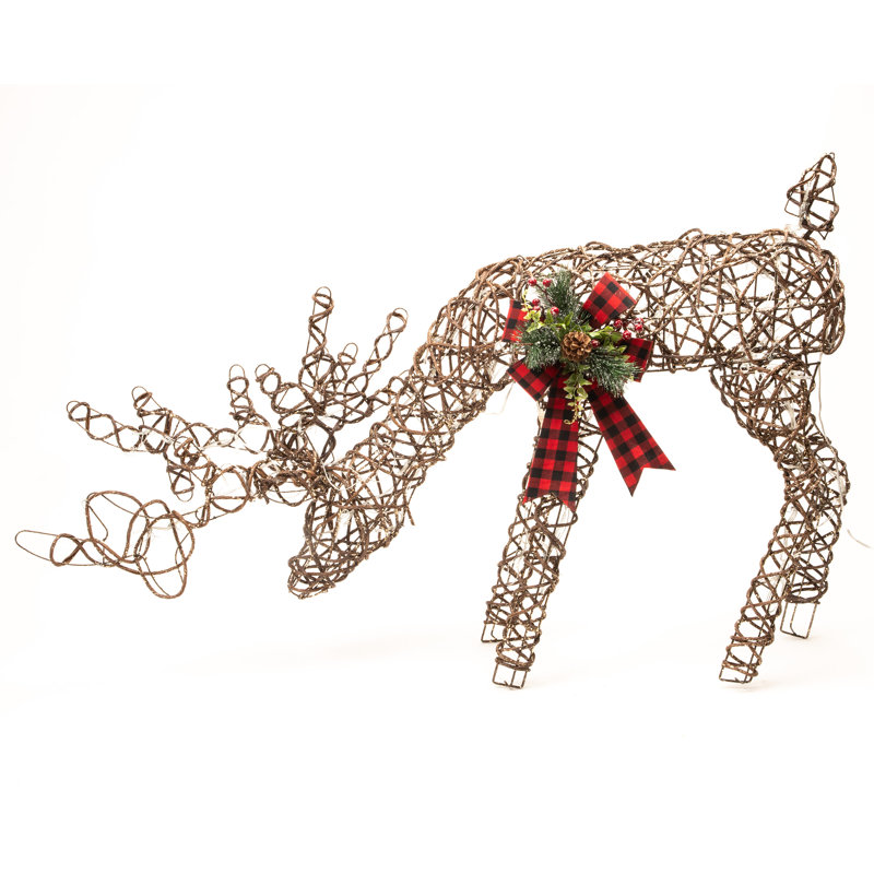 Rattan Grazing Reindeer with Bow and LED Lights Décor