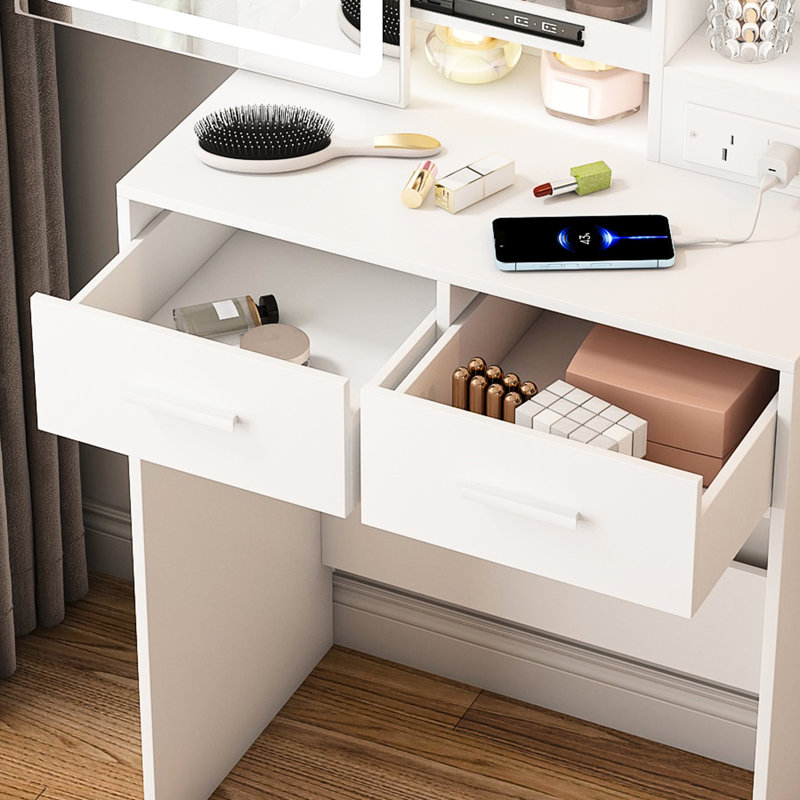 Space - Saving Dressing Table, White, With 3 Level Dimmable Led Lighting, 2 Drawers, Ports, Ac Outlets, And Shelf, Includes Stool Hidden Storage,