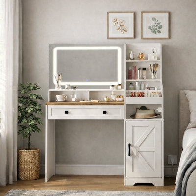 White Vanity Desk With Mirror And Lights, Farmhouse Vanity Makeup Desk With Charging Station, 41.5" Makeup Vanity Desk With Lighted Mirror, Power Outl by Gracie Oaks