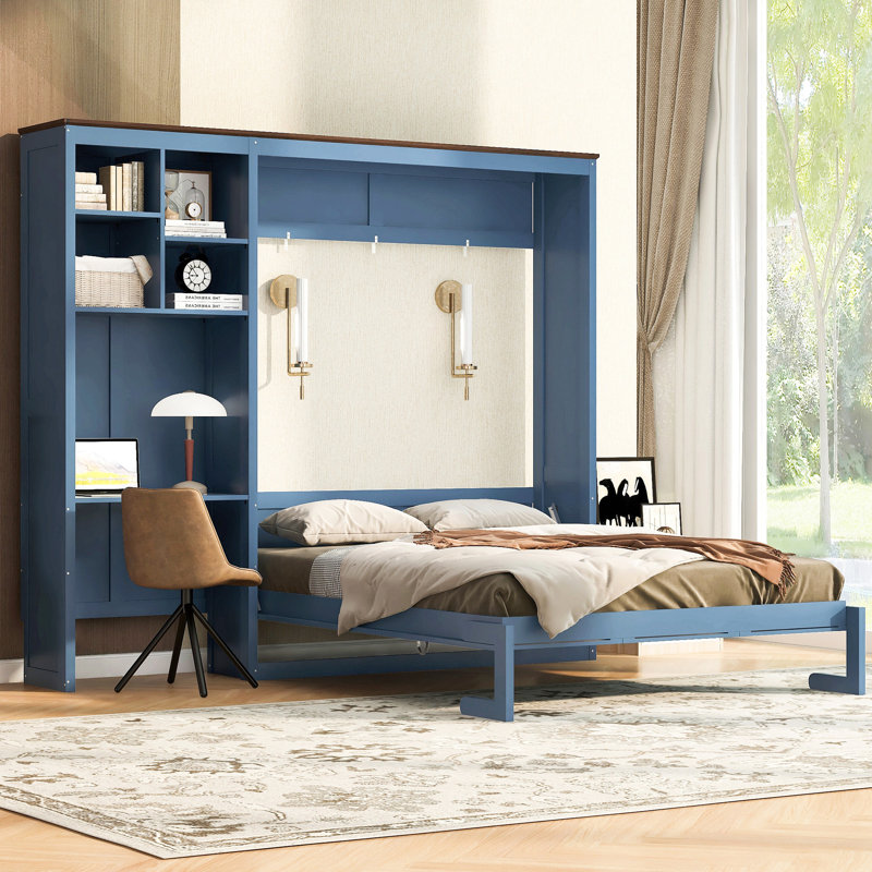 Grand lit escamotable avec bureau intégré et armoire de rangement multicouche, Bleu