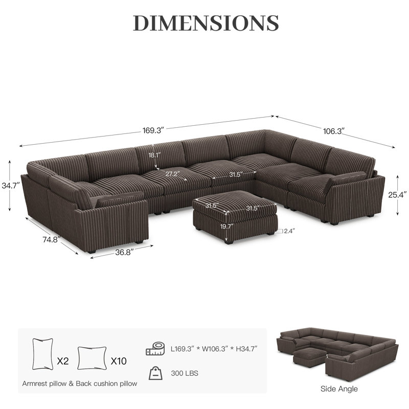 Canapé modulaire surdimensionné en U de 169,3 po Knaack et canapé de salon moelleux en velours côtelé, Velours côtelé brun