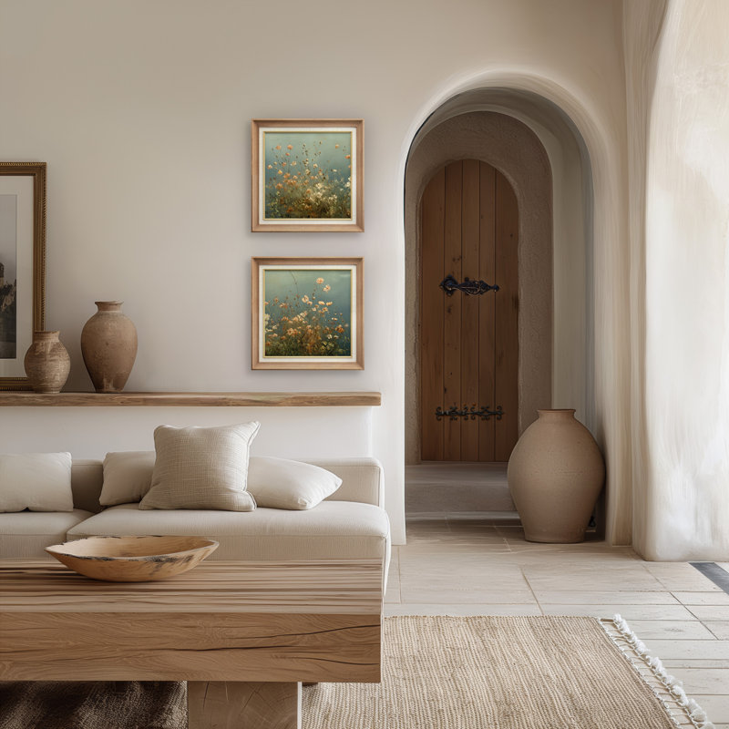 Douce prairie sauvage, fond botanique, fond bleu, œuvre d'art encadrée pour chambre principale, 2 pièces, H 26 po x l 26 po