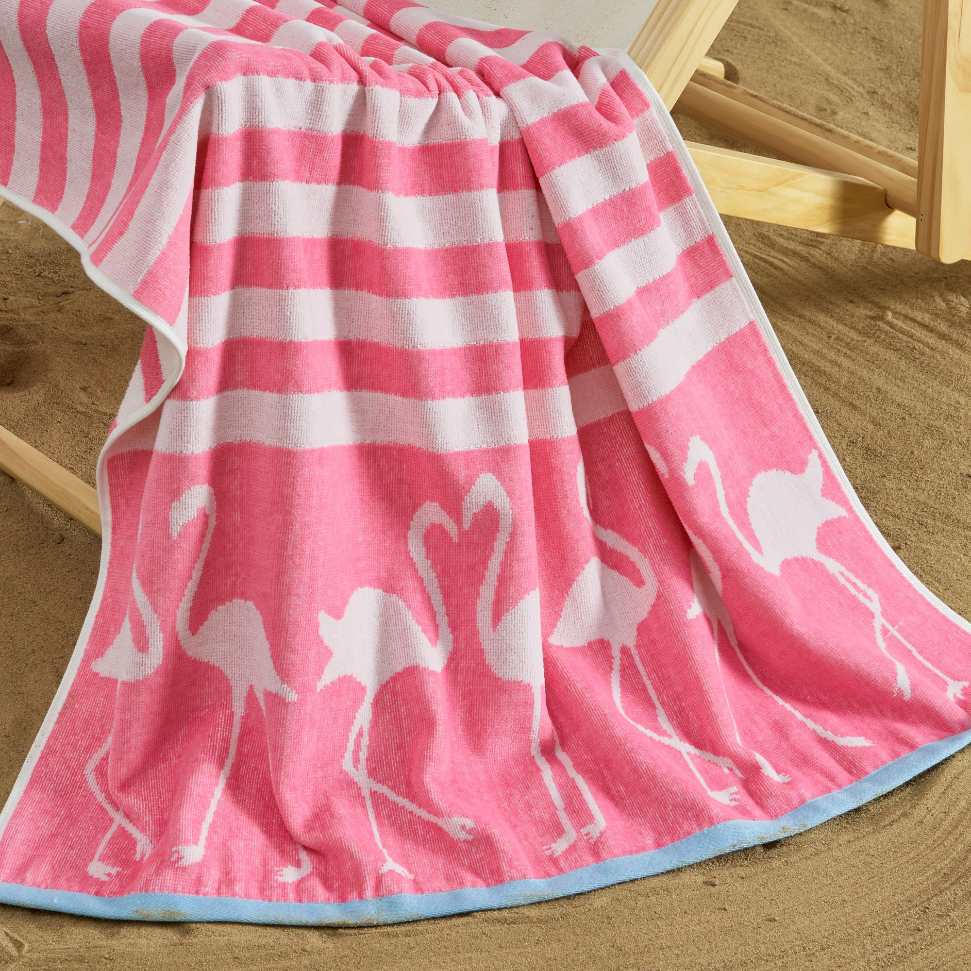 100% Cotton Jacquard Printed 2 Pack Beach Towels, Pink/White Flamingo & Stripe