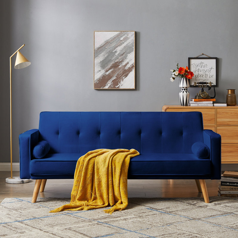 72" Mid-Century Style Linen Fabric Chesterfield Sofa 72"., Bleu