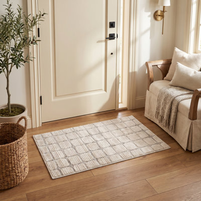 Rug Branch Seranova Checkered Washable Indoor Doormat Rug 2' x 4' BeigeModern Area Rug, Stain-Resistant Carpet for Living Room, Bedroom, Dining Room, Kitchen & Home Office