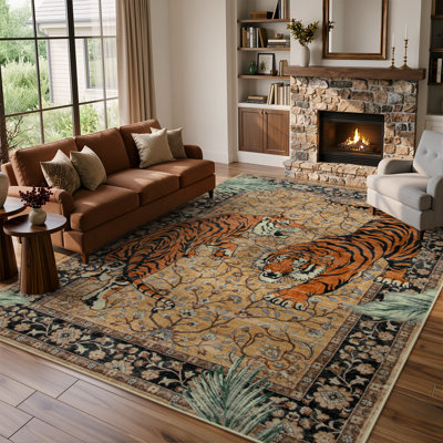 Goldene Vintage Tiger Desert Color Washable Area Rug - Soft Cashmere Carpet for Living Room, Bedroom, or Office