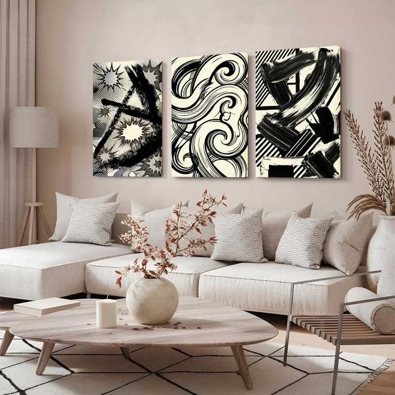 Ensemble de 3 tableaux sur toile à motif abstrait noir et blanc, H 36 po x l 72 po