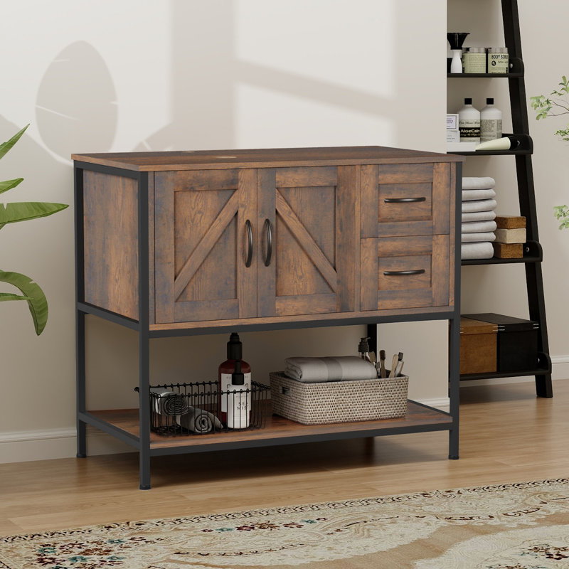 36'' Free-Standing Farmhouse Single Bathroom Vanity With Sink, Black, Dark Brown/Yellow