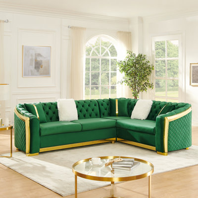 Ensemble de canapé modulaire en forme de L 106 pouces avec accents en acier inoxydable doré, canapé capitonné à boutons en velours avec 5 coussins pour le salon, vert