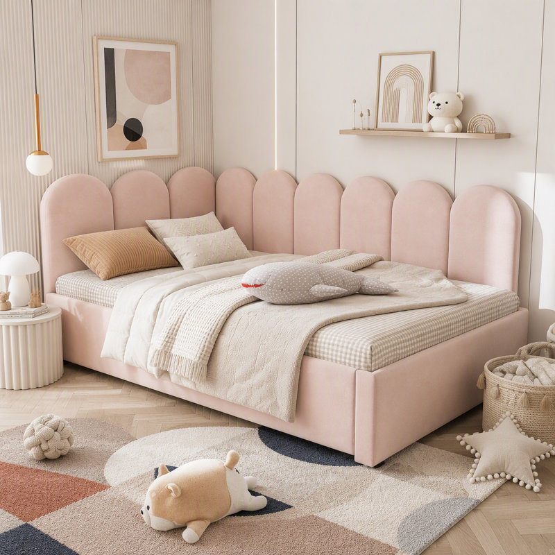 Lit de jour rembourré avec couchette coulissante et revêtement en velours, Rose, Avec couchette