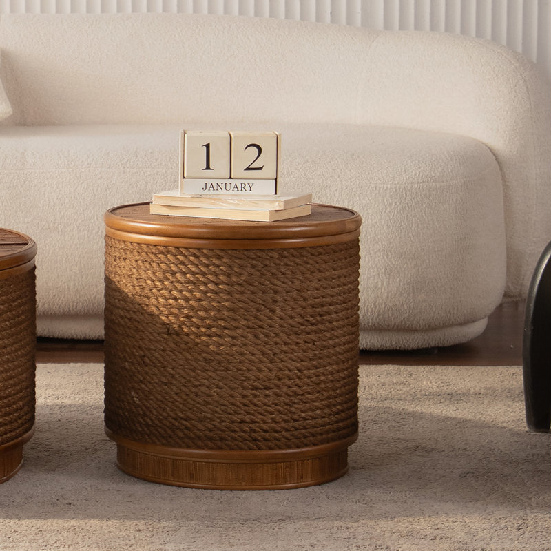 Table basse ronde en rotin avec rangement amovible, garniture en corde de chanvre tissée à la main, style boho-chic, parfaite pour les salons confortables et les espaces compacts
