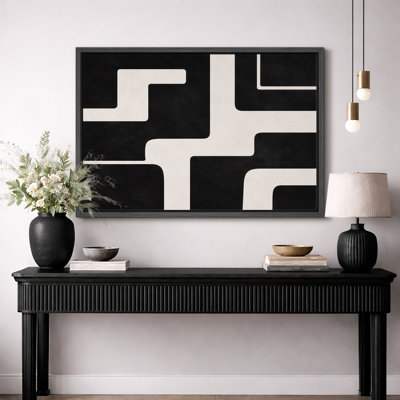 Abstract Black White Bold Geometric Path Pattern Artwork, Modern Living Room Pictures, Framed Canvas Giclee Print Wall Art