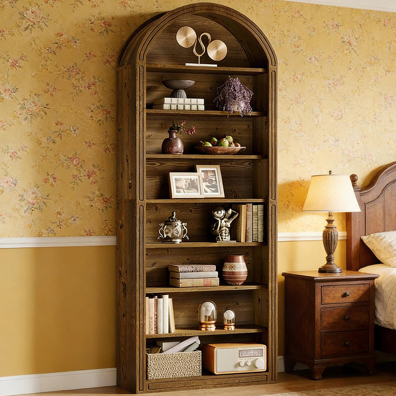 Closed Back Arched Bookcase Generous Sturdy Display Shelving Thickened MDF, (8 Shelves) 78.8"H x 32"W x 12"D, Oak