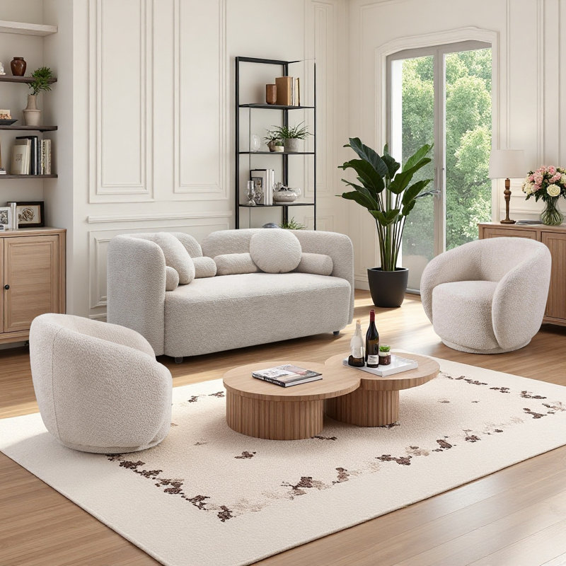 Ensemble de canapé de salon 3 pièces avec fauteuil demi-tonneau pivotant à 360 ° et 4 sièges, Beige