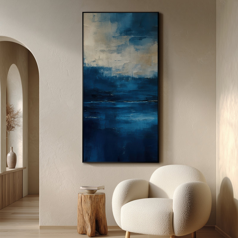 Très grande reproduction d'art sur tissu - Décoration murale abstraite moderne bleu foncé pour le salon ou la chambre à coucher - «Assemblage requis du cadre (cadre non fini)»