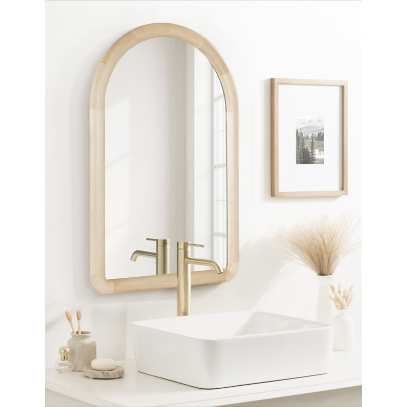 Breece Wooden Arched Bathroom Wall Mirror, Natural