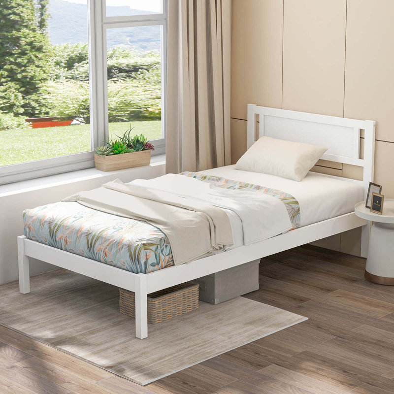 Winston Porter Wooden Platform Bed With 12 Slats Headboard & Under Bed Storage White, Twin
