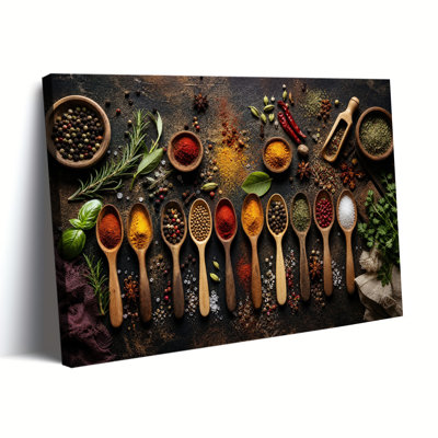 Assorted Spices Herb Wooden Spoon Dark Textured Background Canvas Wall Art Kitchen Rustic Decor