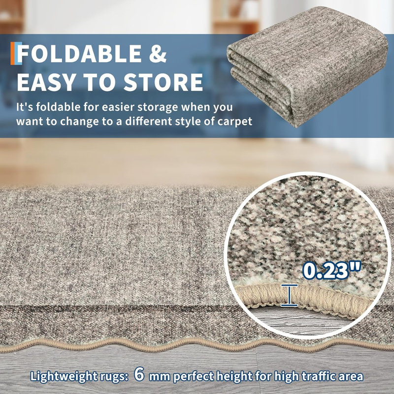6x9 Washable Living Room Rug, Soft Scalloped Design, Non-Slip, Low Pile Neutral Carpet for Bedroom, Office, Foldable, Taupe