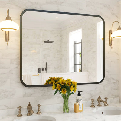 Gold 40" 32" Bathroom Mirror, Rectangle With Round Corners, Rust Coating, Polymer Resin, Hd Reflection For Bedroom Vanity Mirror In Gold, Rectangular