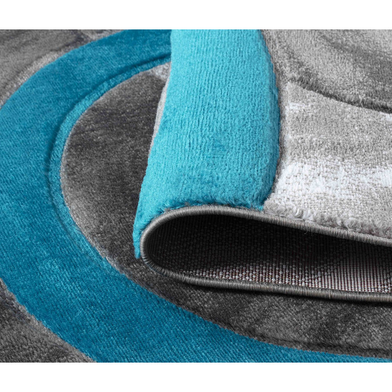 Wrought Studio™ Modern 2x7 Turquoise Circle Area Rug, Soft Hand-Carved Carpet for Indoor Living, Rectangle 4' x 6'